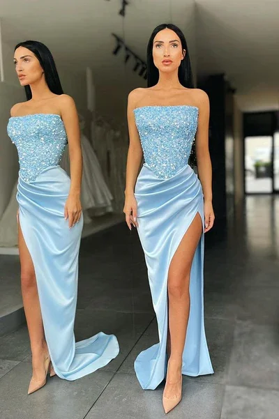 bodycon prom dressesTRENDY SKY BLUE STRAPLESS SEQUIN TOP HIGH SPLIT PROM DRESS  gh2044