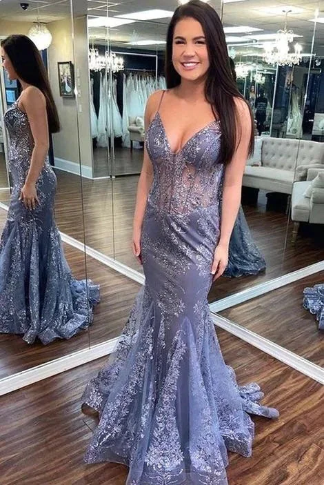 prom dresses for springSpaghetti Straps Lace Appliques V Neck See Through Mermaid Long Prom Dresses gh1812