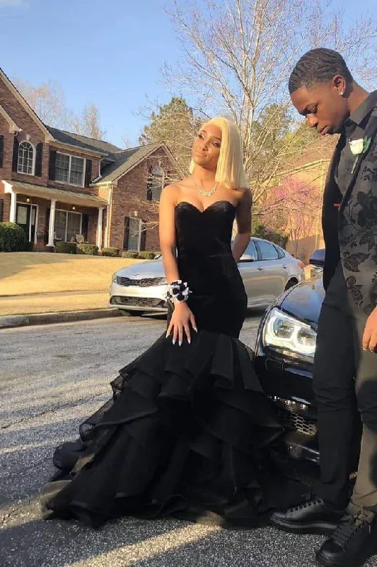 open-back prom dressesMermaid Black Layered Long Sweetheart Organza Prom Dresses gh2430