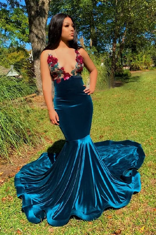 A-line prom dresses2024 Mermaid Deep V Neck Backless Embroidery Blue Prom Dress gh2324