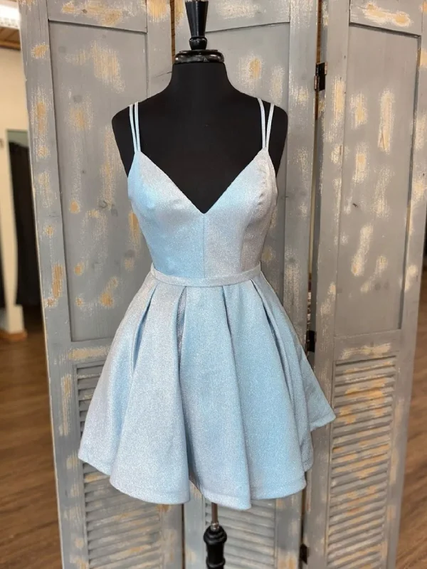 off-shoulder prom dressesSimple v neck light blue short prom dress, blue homecoming dress gh1743