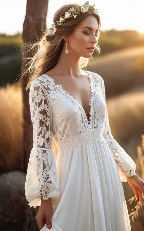 maxi dresses with off-the-shoulder necksBoho Long Bell Sleeves V-Neck Lace and Chiffon A-Line Dress