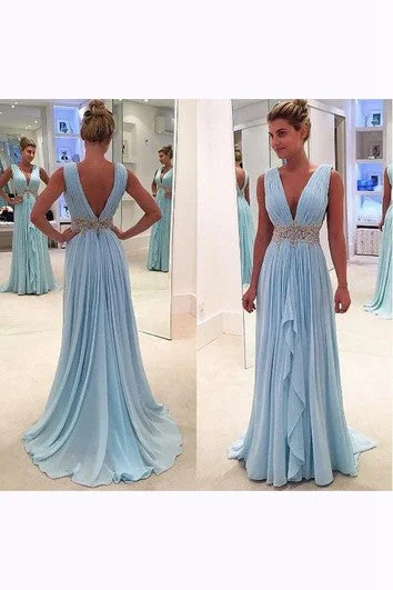 maxi dresses with flutter sleevesSleeveless V-neck Long Chiffon Ruffled Dress with V-back