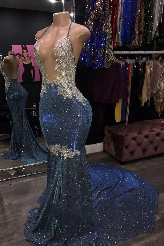 silk prom dressesSheath 2024 Blue Open Front Backless Long Halter Prom Dress gh2102