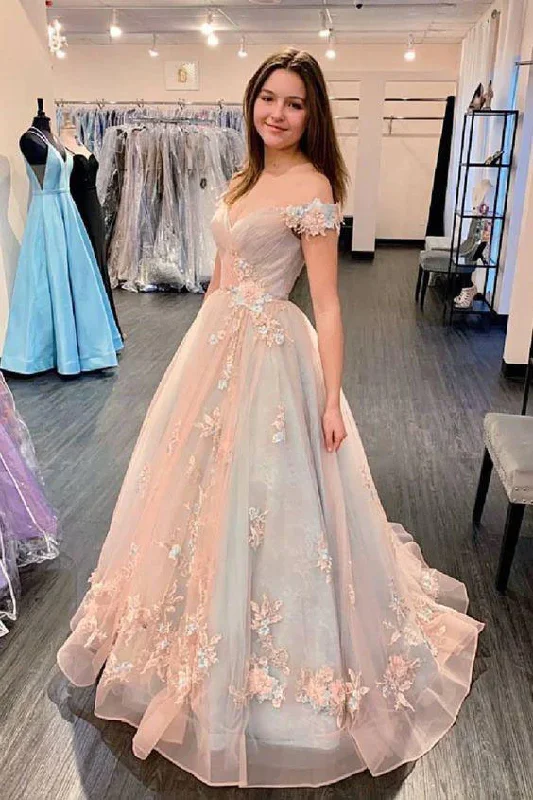 geometric print prom dressesPrincess Off The Shoulder Pink Long Floral Appliques Prom Dress Quincerean Dress  gh2278