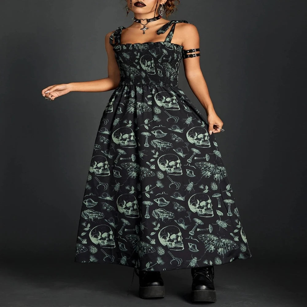 maxi dresses for cocktail partiesGoth Skull Shirring Lace Up Long Dress