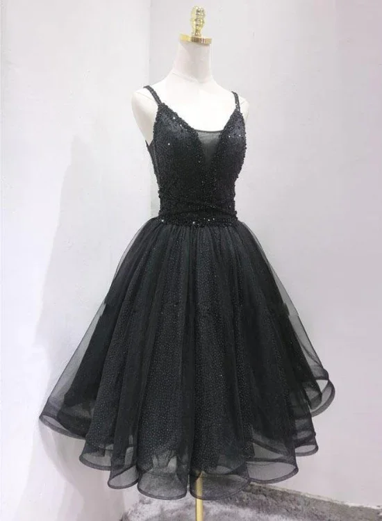 bodycon prom dressesBlack Tulle And Beaded Knee Length Straps Homecoming Dress, Black Short Prom Dresses  gh75