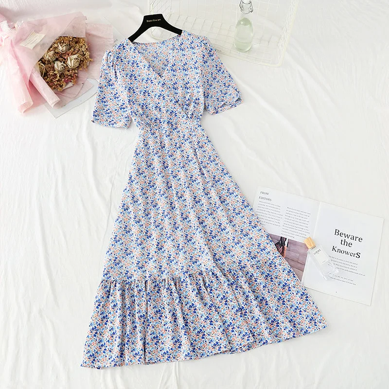 maxi dresses with lace overlaysFloral Chiffon Dress gentle wind long skirt sweet V-neck  4859