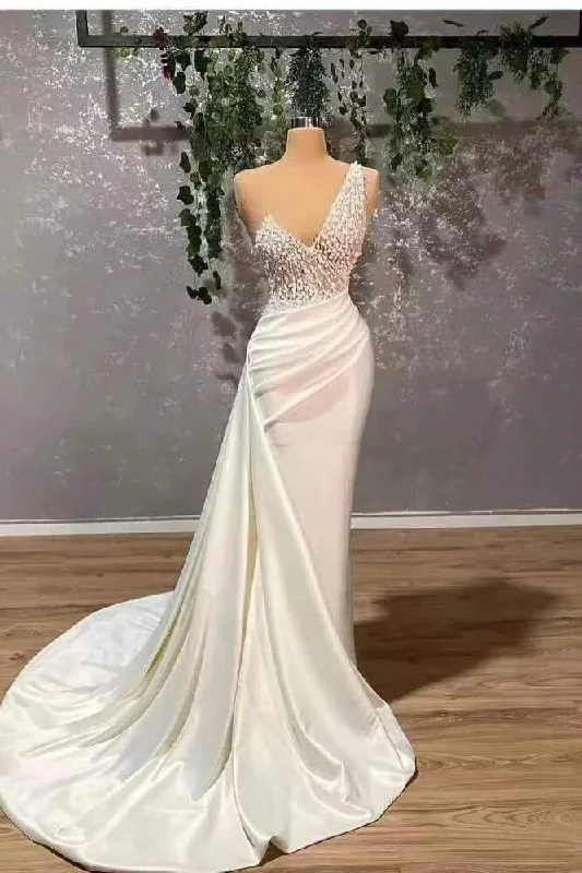 ball gown prom dressesIvory One-Shoulder Applique Elegant Prom Dress Mermaid With Ruffles gh1934