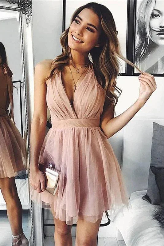 ball gown prom dressesCute V Neck Above Knee Pink Ruffles Tulle Short Prom Dresses Homecoming Dresses gh820