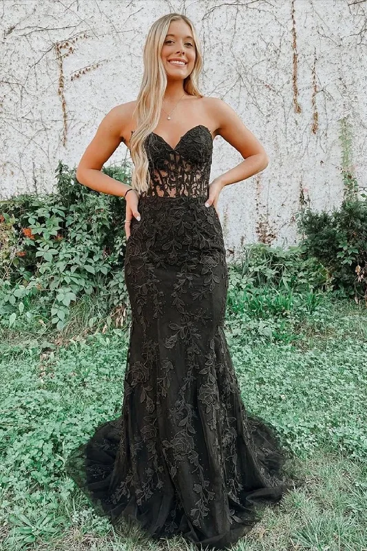 prom dresses for short girlsBlack Strapless Prom Dress with Appliques gh1848