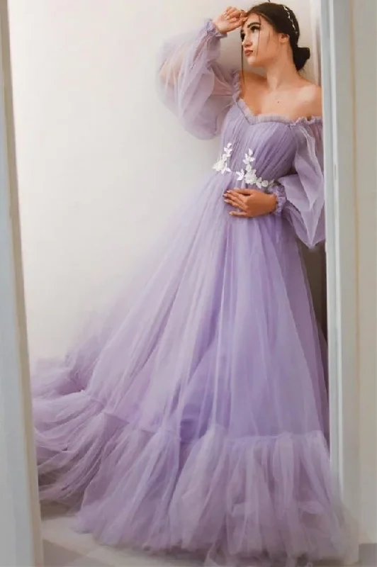 maxi dresses under $50Lavender Off-the-Shoulder A-line Long Tulle Dress  gh2289