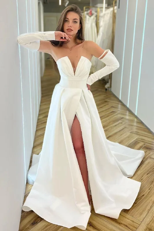 empire waist prom dressesWhite V-Neck Long Sleeves A-Line Prom Dress With Split gh1932