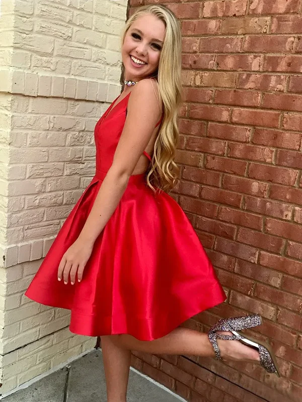 prom dress accessoriesA Line V Neck Short Red Prom Dresses, Short Red Backless Formal Homecoming Dresses gh1623