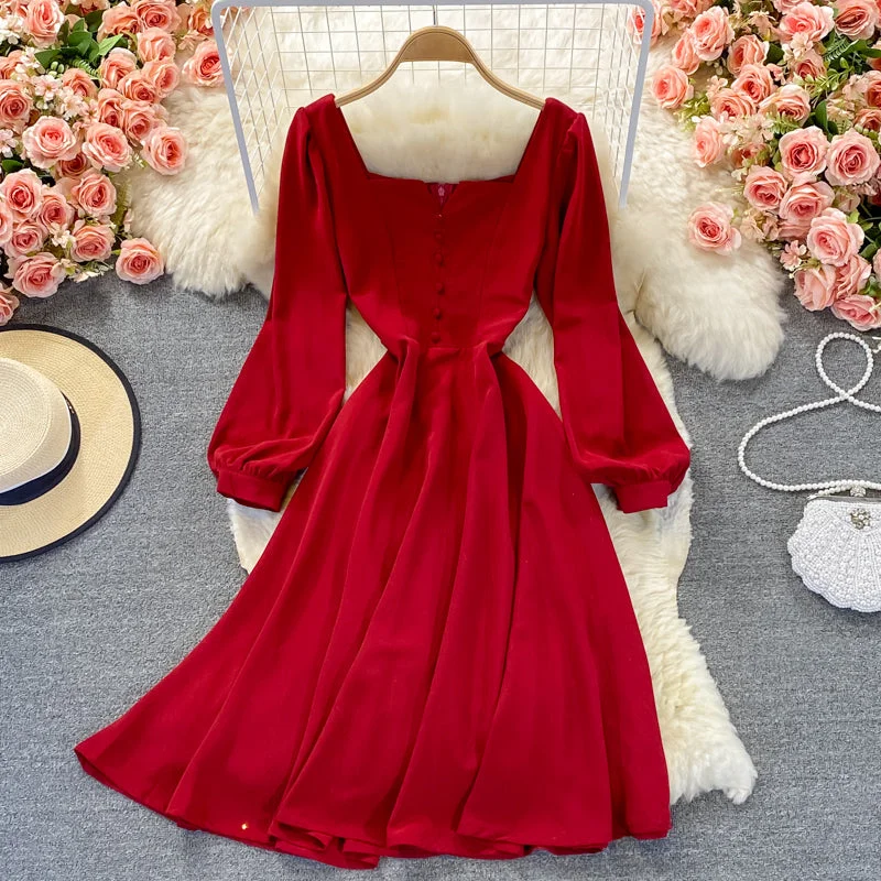 affordable maxi dressesTemperament medium long high waist Thin Red Square Neck Dress  3361