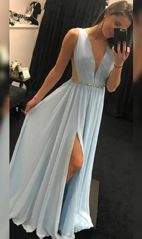 prom dresses with trainschic A-Line Chiffon With Sash Ribbon Belt V-neck Sleeveless Floor-Length Prom Dress  gh1799