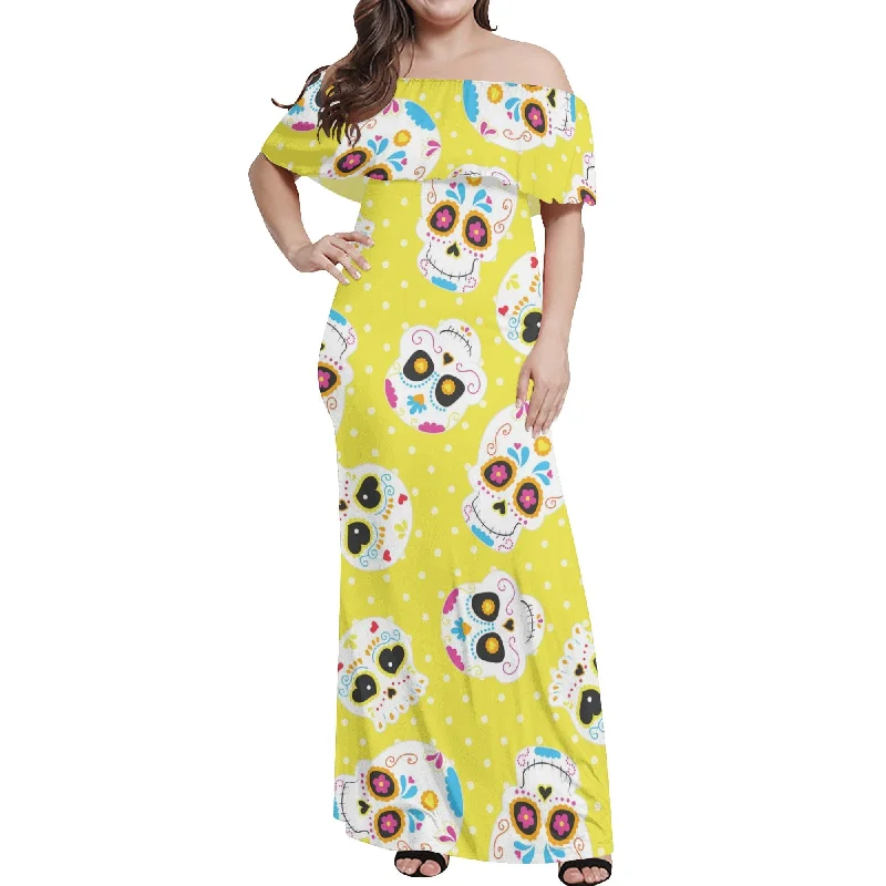 maxi dresses for day-to-night wearWomen's Sugar Skull Yellow Off-shoulder Long Dress