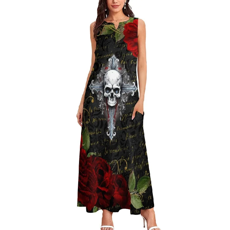 maxi dresses for garden partiesWomen's Skull Cross Red Roses Long Gothic Dress