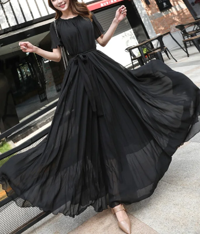 maxi dresses with rufflesBlack chiffon long dress women's dress  1191