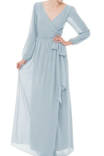 maxi dresses for maternity wearLong Sleeve V-neck Chiffon Long Dress with Bow