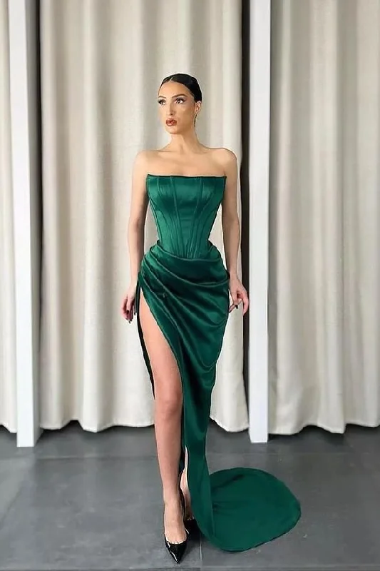 spaghetti strap prom dressesDark Green Strapless Sleeveless Long Slit Mermaid Prom Dress gh719