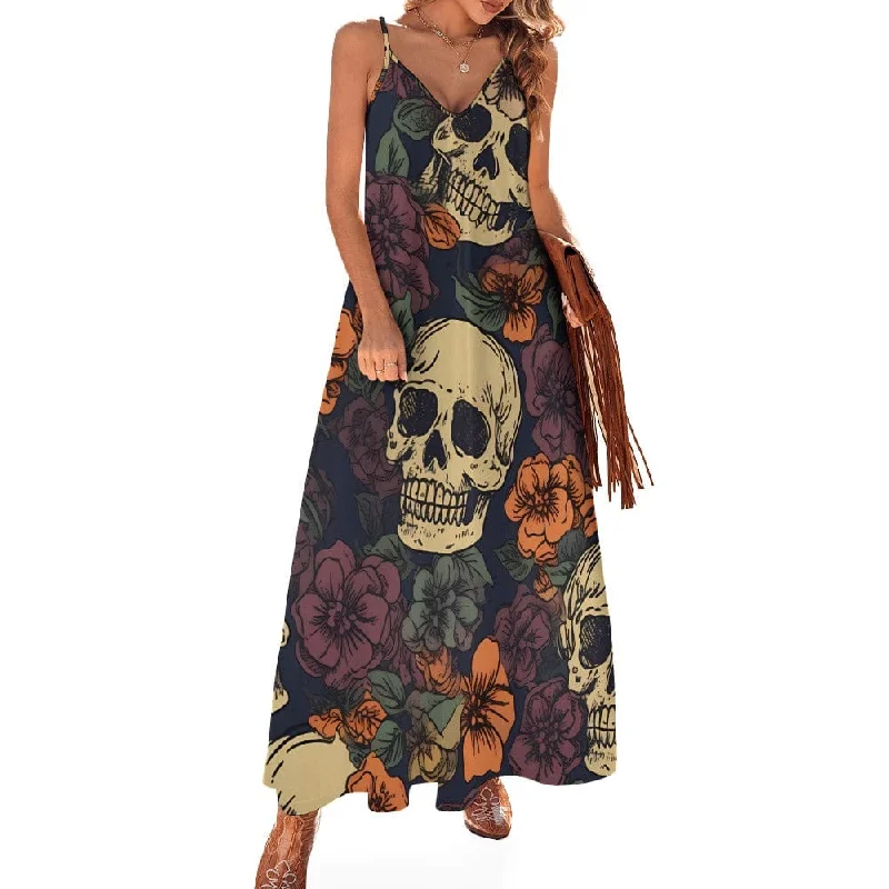 maxi dresses for pool partiesOur Women's skulls & Brown Floral Sling Ankle Long Dress Is The Perfect Combination of Style & Comfort