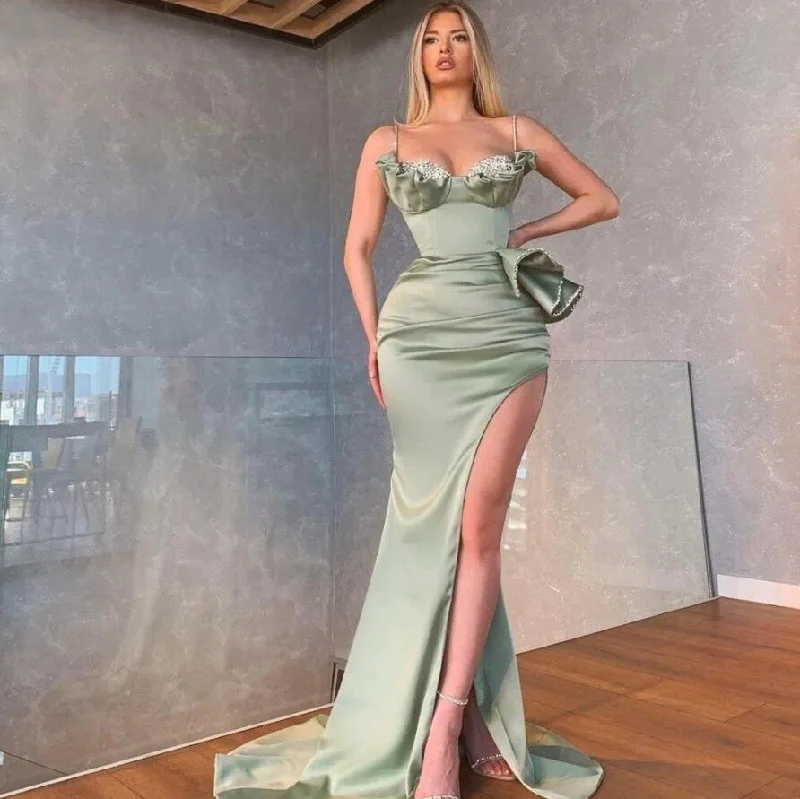 prom dresses with lace appliquésElegant Dusty Sage Spaghetti Straps Mermaid Prom Dress With Slit gh2392