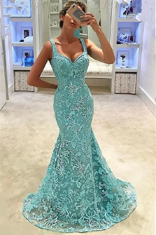 prom dresses with trainsFashion Straps Sleeveless Appliques Mermaid Floor-Length Prom Dress gh2415