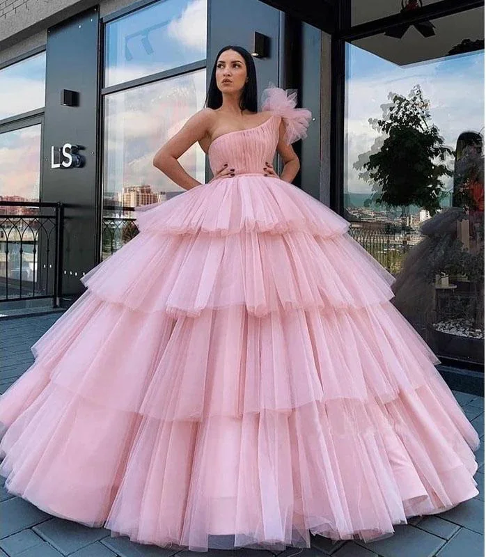 sparkly prom dressesCharming Ball Gown Tulle Pink One Shoulder Long Prom Dresses, Quinceanera Dresses  gh2091