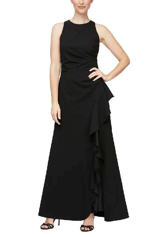 Sleeveless Dress HomecomingSleeveless Stretch Crepe Dress with Cascade Ruffle Skirt Detail & Cutaway Neckline