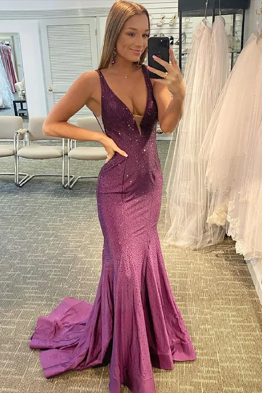 prom dresses for summerBeading V-neck Purple Mermaid Prom Dress gh1811