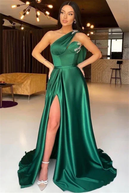 thigh-high slit prom dressesElegant Green One Shoulder A-line Prom Dress With Beads gh1859