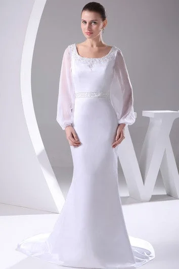 maxi dresses with adjustable strapsSquare-Neck Beaded Mermaid Satin Dress With Long-Sleeve Design and Court Train