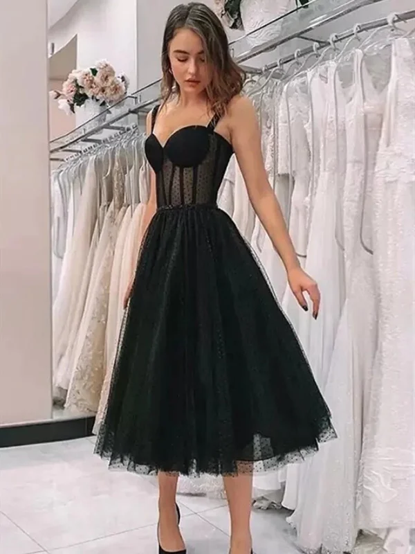 prom dresses for springBlack Tea Length Sweetheart Neck Prom Dresses, Black Tea Length Formal Homecoming Dresses gh1646