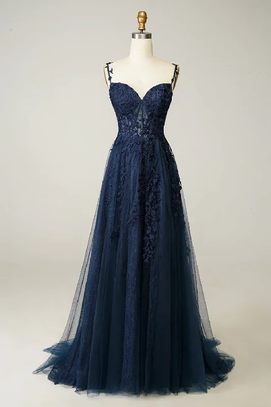 lace prom dressesA Line Spaghetti Straps Navy Prom Dress with Appliques gh2104