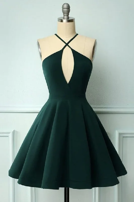 flutter sleeve prom dressesElegant Halter Neck Dark Green Short Prom Dress, Dark Green Formal Graduation Homecoming Dress  gh838