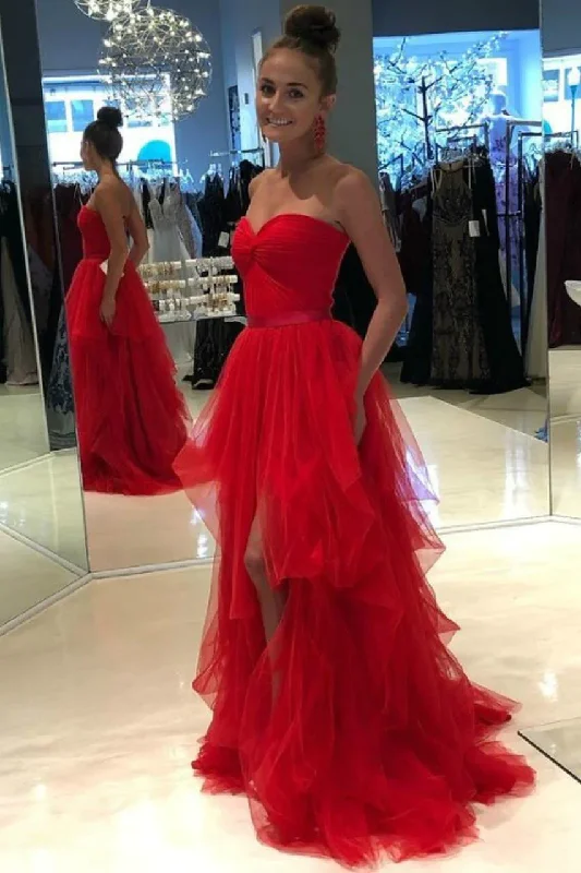 prom dresses with detachable sleevesSweetheart Backless Red Prom Dresses Tulle Ruffled Skirt  gh2412