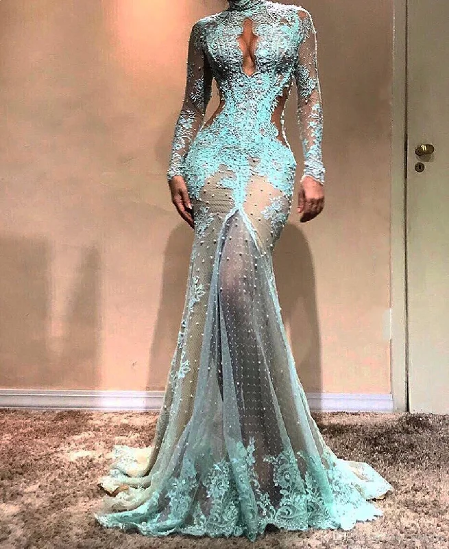 prom dresses with lace appliquésLong Sleeves Illusion Turqoise Prom Dress gh2178