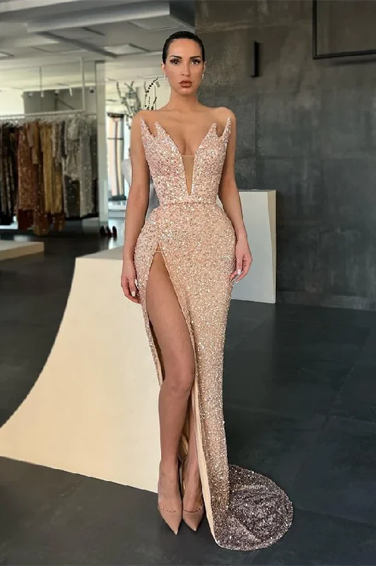 prom dresses with illusion panelsGorgeous V-neck Sleeveless Long Mermaid Prom Dress With Slit gh2387