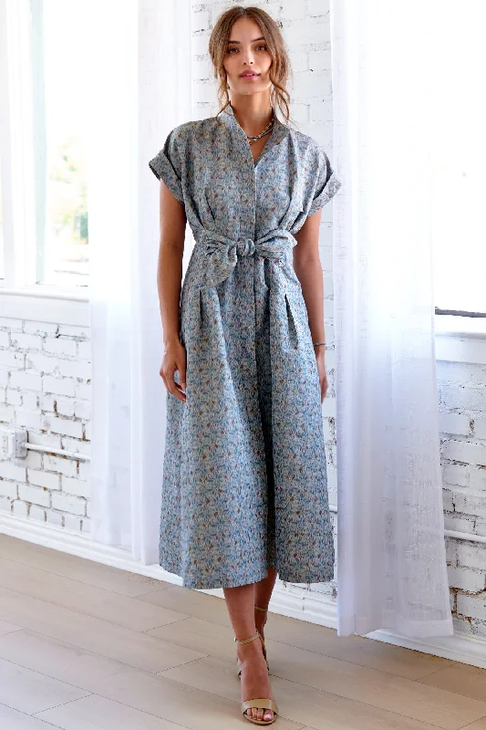 maxi dresses for casual strollsLong Rocky Shirt Dress Teal Printed Taffeta