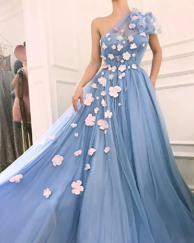 satin prom dressesCharming One Shoulder Blue Tulle 3D Flowers Prom Dresses, Long Cheap Dance Dresses  gh1964