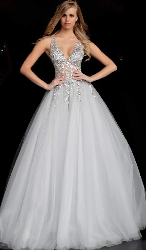 Classic Formal Dress StylesJovani - 65379 Crystal Embellished Plunging V-neck Ballgown