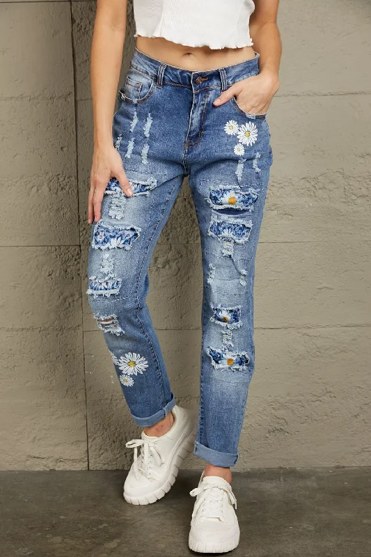 women's denim jeans for everyday wearBaeful Printed Patch Distressed Boyfriend Jeans