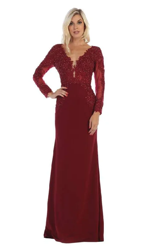 Fabulous Silk Long Sleeves DressMay Queen - Plunging V Neck Long Sleeves Dress MQ1630 - 1 pc Burgundy In Size 10 Available