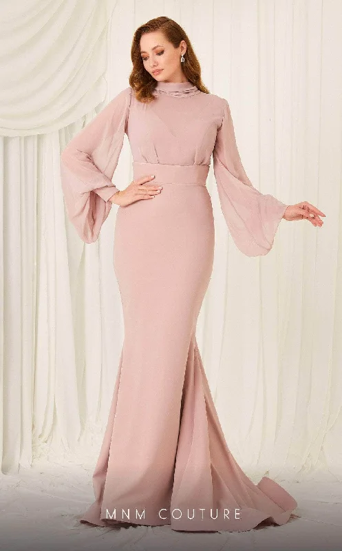 Formal Dress for Civil CeremoniesMNM Couture 2637A - Bishop Sleeve High Neck Long Gown