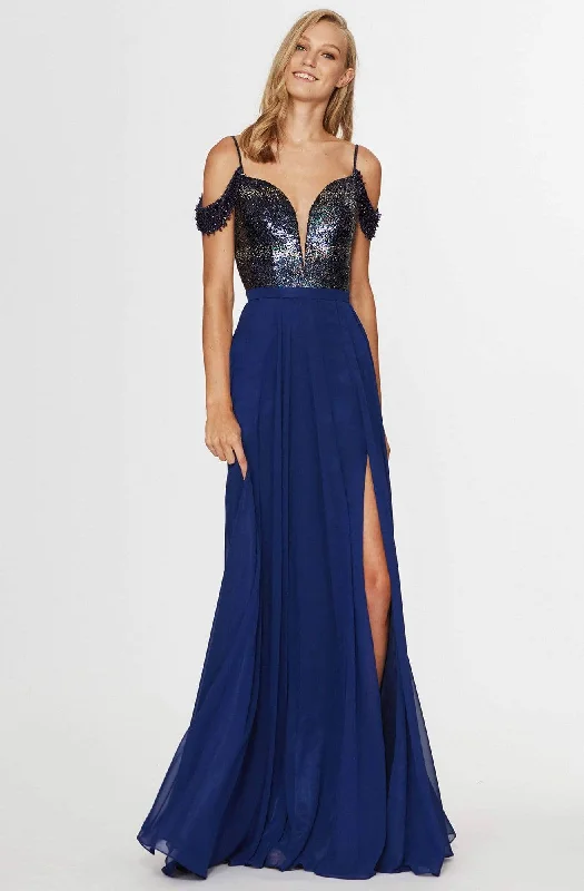 Formal Dress for Oscar NightsAngela & Alison - 91055 Plunging Cold Shoulder A-Line Gown