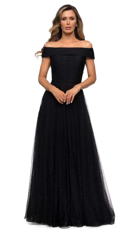 ELEGANT Formal Dress DesignsLa Femme - Pleat-Ornate Off Shoulder A-Line Gown 28051SC - 1 pc Black In Size 14 Available