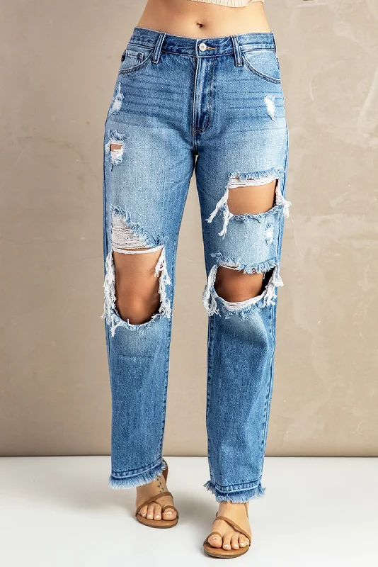 women's denim jeans with raw hemsFrayed Hem Distressed Jeans with Pockets