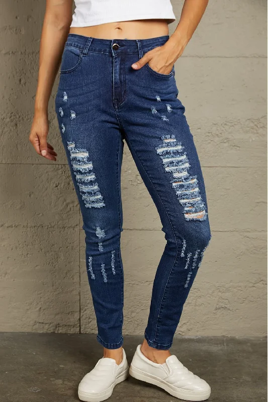 women's light denim jeansBaeful Mid-Rise Waist Distressed Skinny Jeans