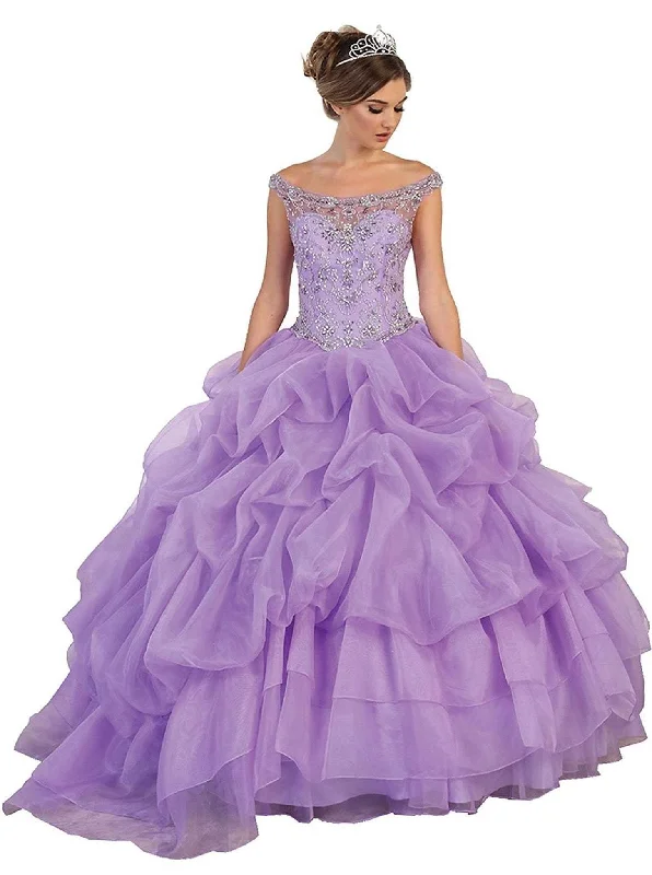 Formal Dress for Bat MitzvahsMay Queen - Embellished Illusion Off-Shoulder Ruffled Quinceanera Ballgown